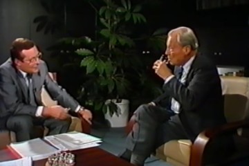 Fotoausschnitt aus einem Interview von Horst Schättle mit Willy Brandt für die ZDF-Sendung „Zeugen des Jahrhunderts“ im Dezember 1988 zu Brandts Verhältnis zu Adenauer.