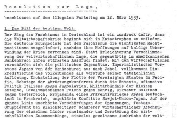 Auszug aus der Resolution zur Lage beschlossen auf dem illegalen Parteitag der Sozialistischen Arbeiterpartei Deutschlands am 12. März 1933.