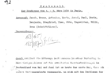 Ausschnitt des Protokolls der Konferenz vom 4. Bis 9. März 1934 in Paris. Als Anwesend werden genannt: Jacob, Franz, Antonius, Herta, Josef, Paul, Boris, Benjamin, Siegfried, Theo, Otto, Ungewitter, Willy, Erna (Schriftführer). „Jacob eröffnet die Sitzung: Seit unserem Dresdner Parteitag im März vorigen Jahres und den erweiterten Vorstandssitzungen in Deutschland von Mai und Juni ist es heute das erste Mal, dass sih unsere Vertrauensleute versammeln, um sich mit den Problemen der Arbeiterbewegung und unserer Bewegung zu beschäftigen. Wir haben“. Hier endet der Ausschnitt.