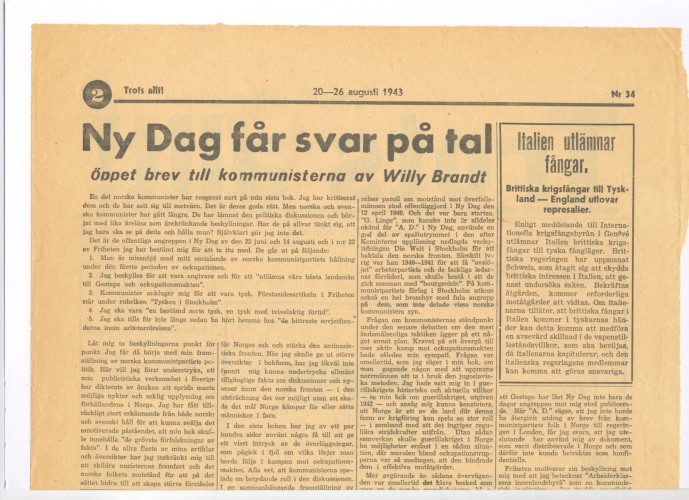 Ausschnitt der norwegischen Zeitung „Trots allt“ von August 1943 mit dem Artikel „Ny Dag får svar på ta“ von Willy Brandt.
