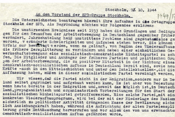 Ausschnitt aus einem Brief Willy Brandts an den Vorstand der SPD-Gruppe Stockholm über einen Wiedereintritt in die SPD am 9. Oktober 1944.
