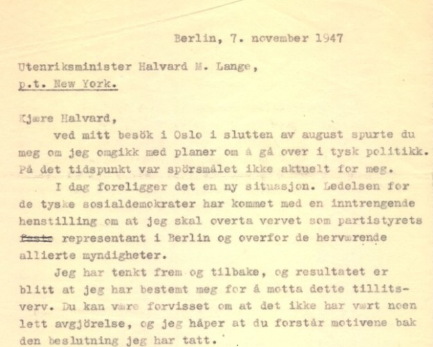 Ausschnitt eines Briefes von Willy Brandt an den norwegischen Außenminister Halvard Lange vom 7. November 1947 in Norwegisch.