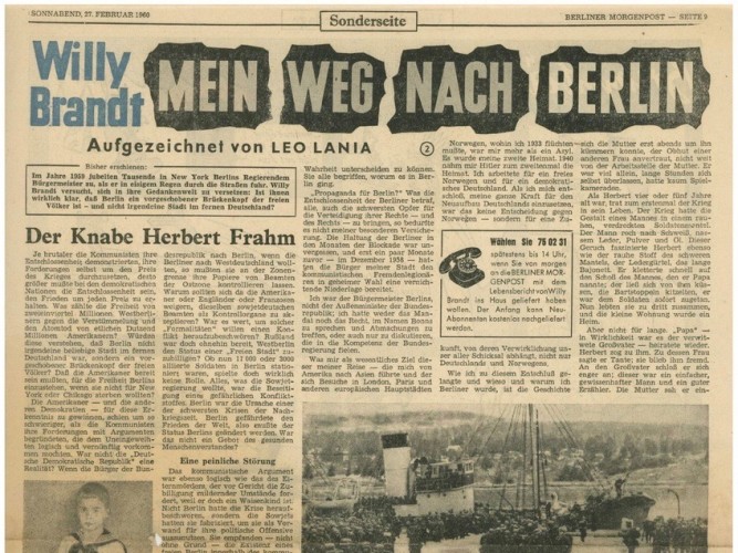 Zu sehen ist ein Ausschnitt der Sonderseite der Berliner Morgenpost vom 27. Februar 1960 mit dem Titel: „Willy Brandt. Mein Weg nach Berlin. Aufgezeichnet von Leo Lania“.