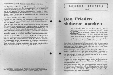 Zu sehen ist ein Ausschnitt eines Heftes des SPD-Vorstandes „Tatsachen – Argumente“. Titel der Ausgabe aus dem Jahr 1968 ist „Den Frieden sicherer machen“.
