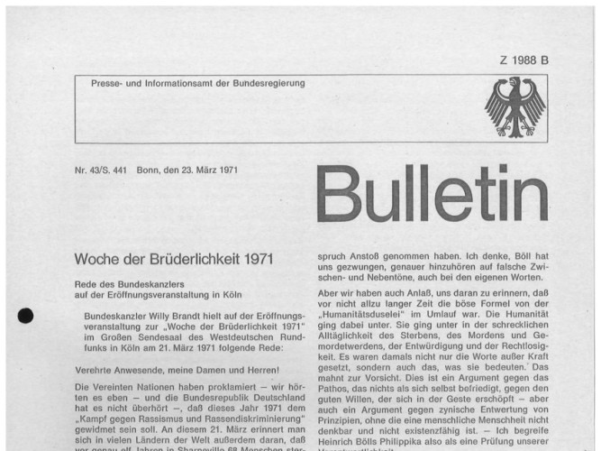 Zu sehen ist ein Ausschnitt eines Bulletins des Presse- und Informationsamtes der Bundesregierung vom 23. März 1971. Zu lesen ist eine Rede des Bundeskanzlers Willy Brandt auf der Eröffnungsveranstaltung zur „Woche der Brüderlichkeit 1971“ in Köln.