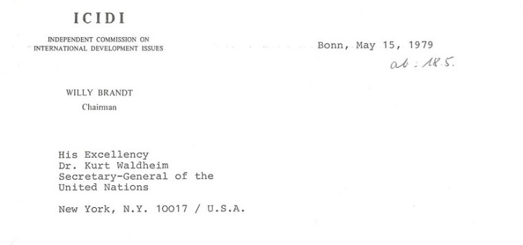 Ausschnitt des Briefkopfes von Willy Brandt als Vorsitzender der Independent Commission in internationale developement issues an Dr. Kurt Waldheimer, den Generalsekretär der Vereinten Nationen, am 15. Mai 1979.