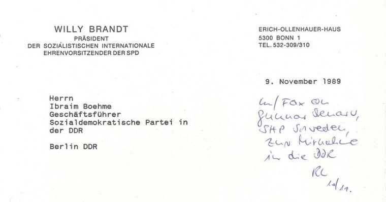Ausschnitt des Briefkopfes von Willy Brandt, als Präsident der Sozialistischen Internationalen und als Ehrenvorsitzender der SPD, vom 9. November 1989 an Ibraim Boehme, der Geschäftsführer der Sozialdemokratischen Partei in der DDR.