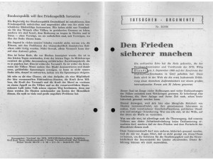 Zu sehen ist ein Ausschnitt eines Heftes des SPD-Vorstandes „Tatsachen – Argumente“. Titel der Ausgabe aus dem Jahr 1968 ist „Den Frieden sicherer machen“.